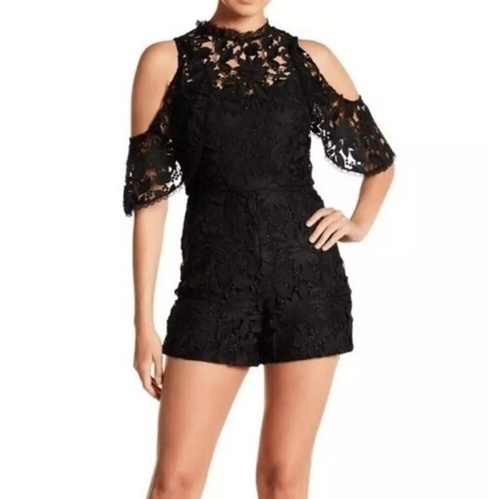 Women's Alice & Olivia Black Lace Romper Junie Cold Shoulder Back Zip Size 4